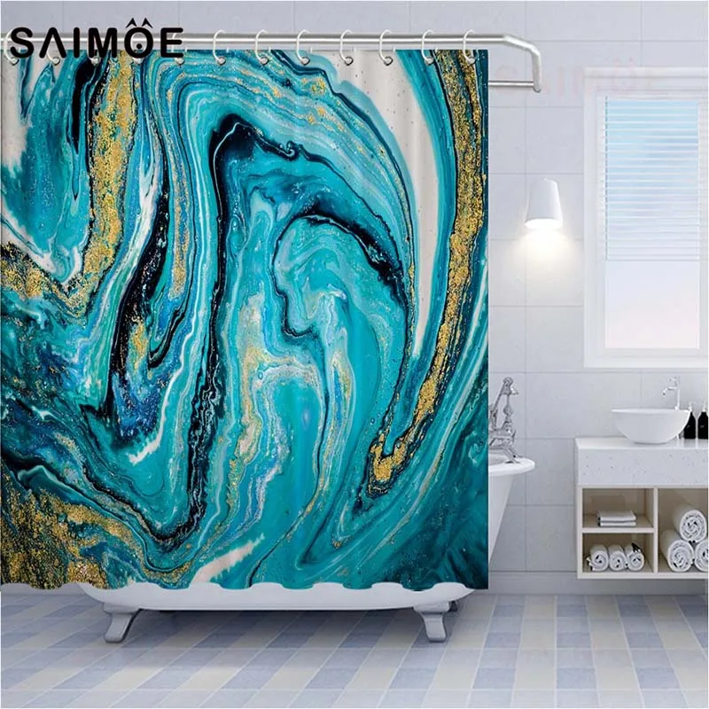 SAIMOE Marble Texture Shower Curtains Liquid Golden Bathroom Curtain Blue Stone Abstract Art Home Decor | Дом и сад