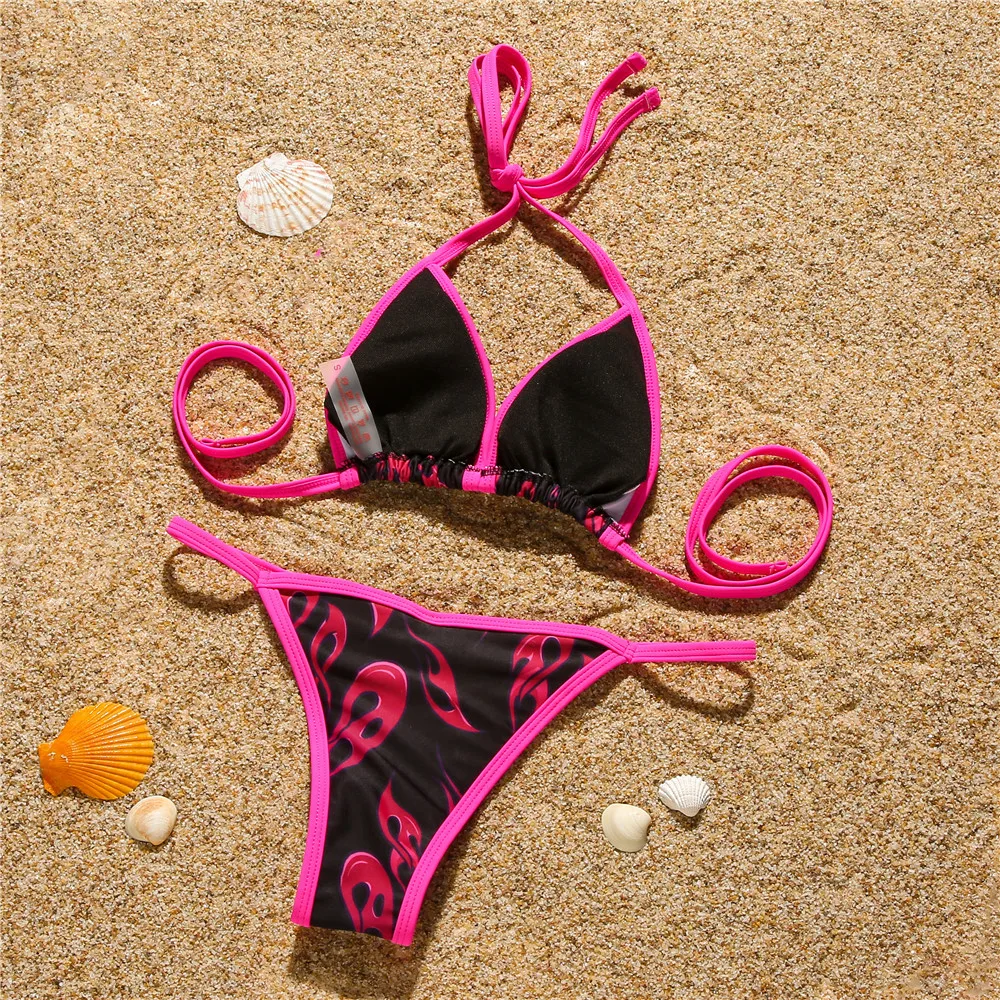 

Sexy Halter Mini Brazilian Swimwear Women's Bandage Bikini Set Push-up Brazilian Swimwear Splicing Beachwear Swimsuit