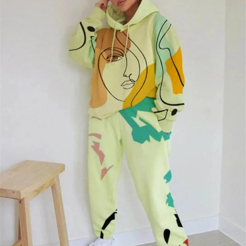 

New Fun Printing Design Sweatshirt 2 Piece Set Women Thick hooded Pants Suit Tracksuit Autumn Loose pullovers and long pant set