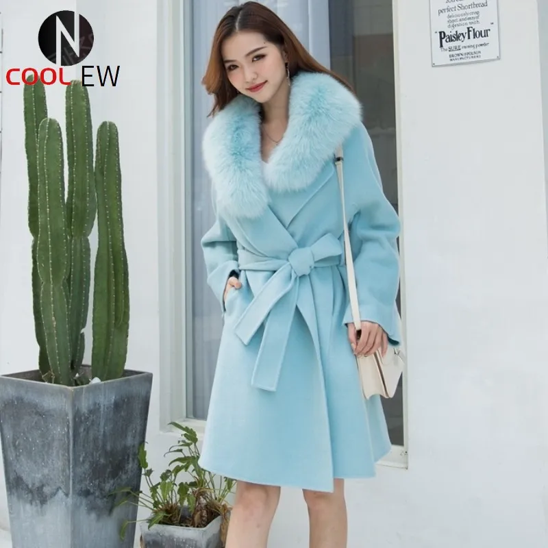 

2021 New Elegant Women Luxury Cashmere Coat Winter Wool Coat With Big Fox Fur Collar Autumn Belt Long Coat Female Jacket Fashion