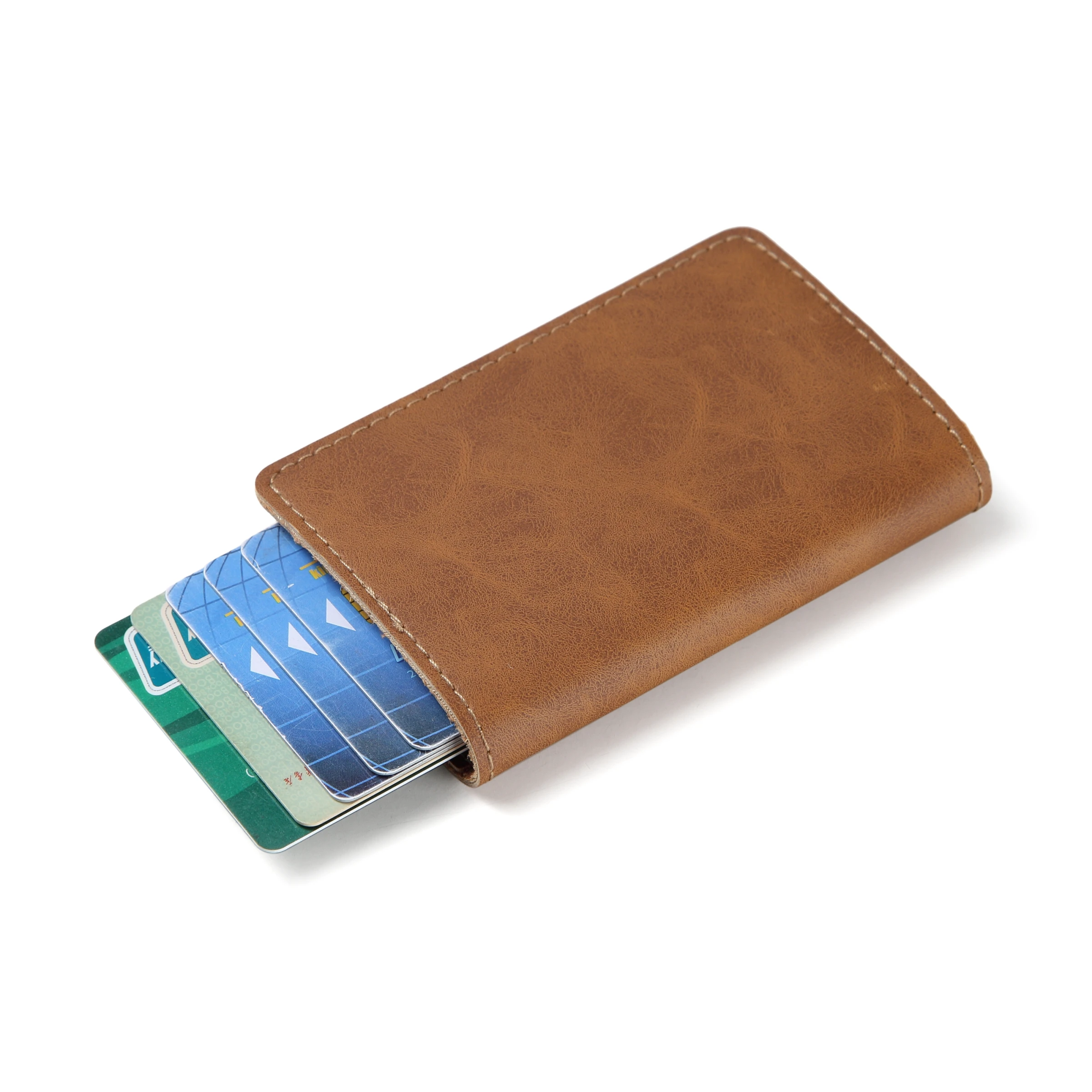 Men Wallet Automatic Credit card holder Crazy Horse Genuine Leather Aluminum Mini Wallet With Back Pocket ID Card RFID Blocking