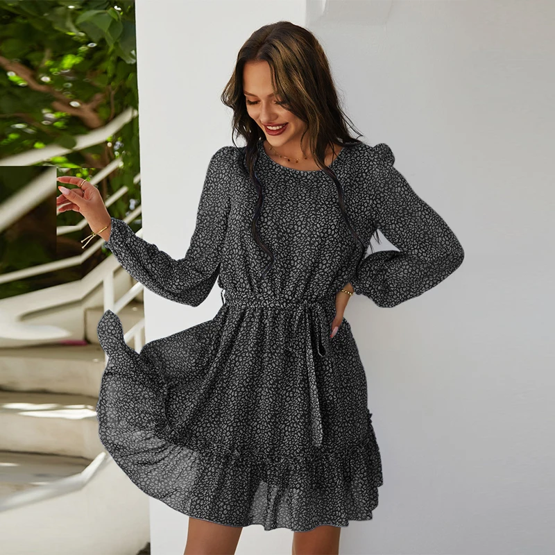

2021 Spring Summer Women'S Dress Casual Comfort O-Neck Small Floral Long Sleeve Floral Print Holiday Chic Chiffon Clothes