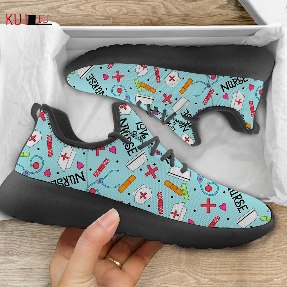 

KUILIU New Fashion Sport Shoes Cartoon Medical Printing Women Mesh Knit Lightweight Nurse Sneakers For Running Walk Footwear