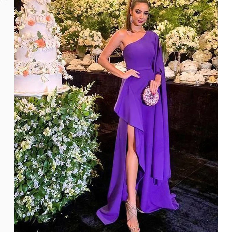 

2020 One Shoulder Evening Dresses Purple Chiffon Long Sleeve Asymmetrical Party Gowns Side Slde Slit Prom Party Gowns