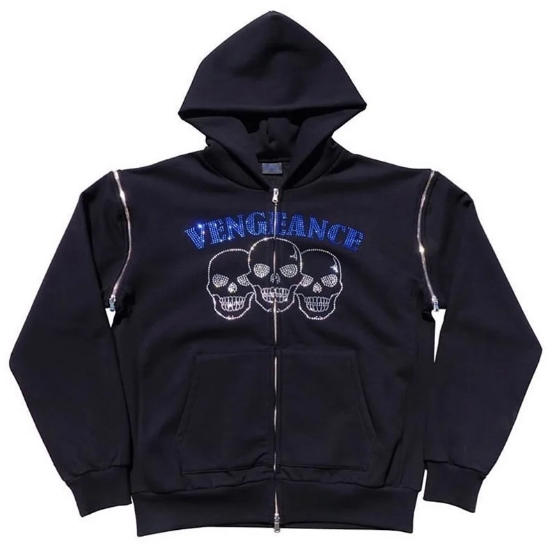 

Retro rhinestone skull print zipper design y2k plus size sweatshirt Gothic long-sleeved women's hoodie autumn zipper jacket top