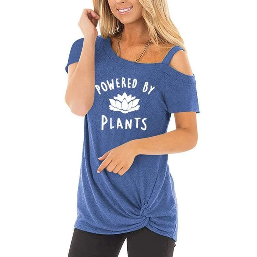 

Fashion New Loose For Women Knotted T-Shirt Powered By Plants Letters Print T-Shirt Vegans Women Summer Tops Tees Streetwear