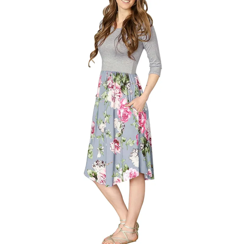 

Pregnant Women's Printed Mid Waist Stitched Dress With Pullover Mid Long Skirt Casual Grey Long Sleeve Top Women's Wear