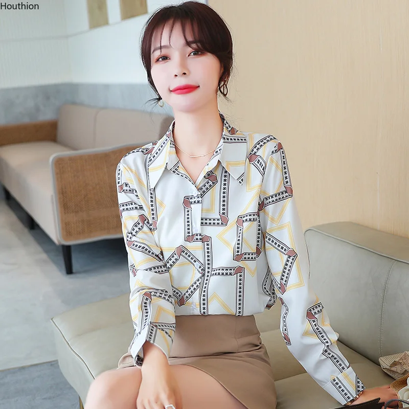

Summer Autumn New Women's Blouses Polo Shirt Long Sleeve Top Stitching Blouse Printing Chiffon Casual Fashion Loose Houthion