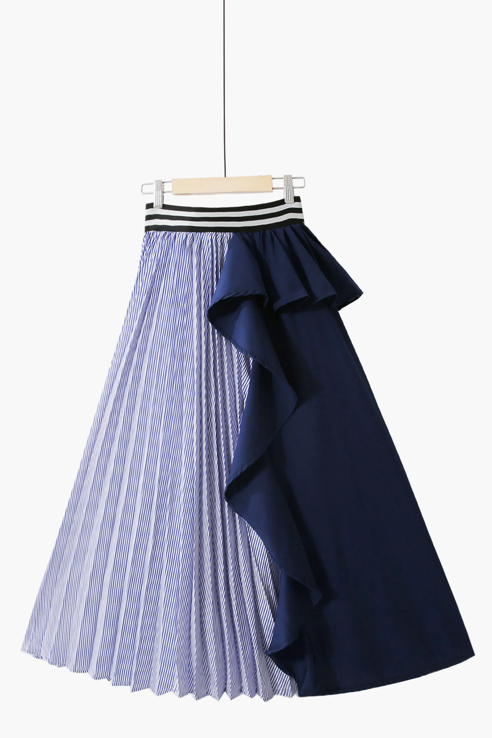 

SuperAen Fall 2020 New All Match Contrast Color Patchwork High Waist Stripe Ruffle Hem Pleated Skirt Women
