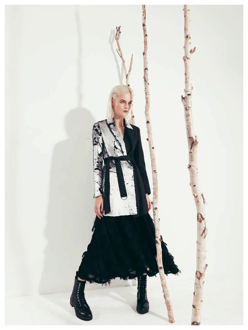 

MSXU Women Elegant Retro Notched Pocket Sequins Belted Patchwork Sheath Slim Business Suit Jacket Blazer Coat