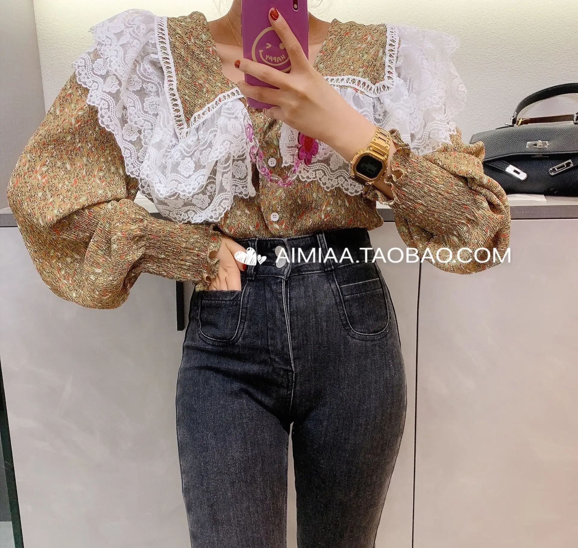 

2021 New Spring Women's Lace Patchwork Collar Floral Print Blouse Streetwear Top Ladies Lantern Sleeve Ruffled Edge Shirt Tops