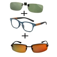 3pcs comfortable wood squared frame reading glasses for men women alloy polarized sunglasses outdoor sunglasses clip