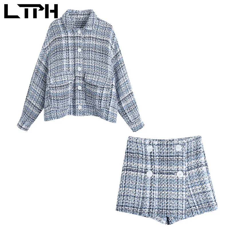 

LTPH Quality Plaid Casual Women Outfits Loose Shirt Jacket Vintage High Waist Woolen Tweed Shorts Skirts Sets 2021 Summer New