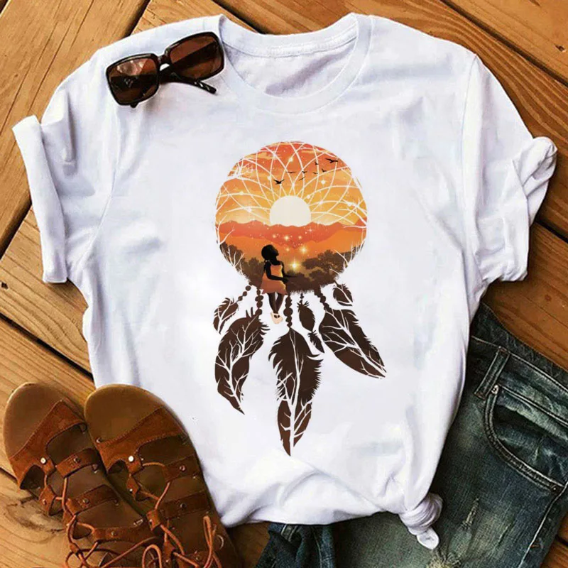 

New Women T Shirt Landscape Dream Catcher Printed Tops Ladies Female Casual Short Sleeve Tee Shirts Women Graphic T-shirt Tops