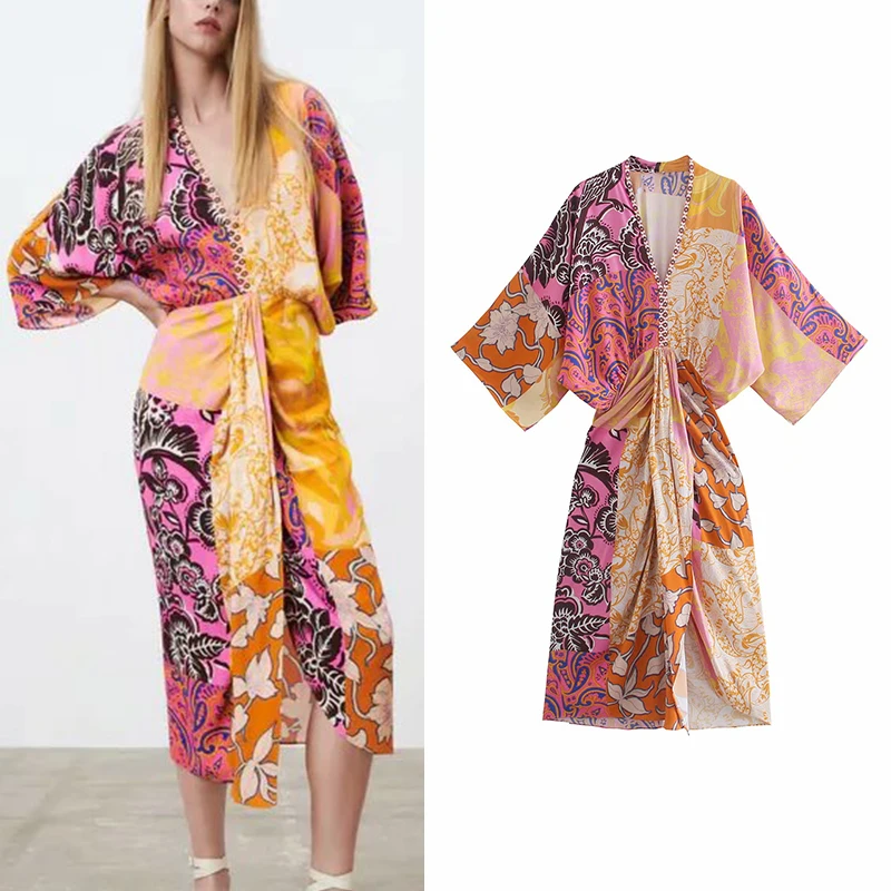 

Платье-миди женское Плиссированное с коротким рукавом и принтом