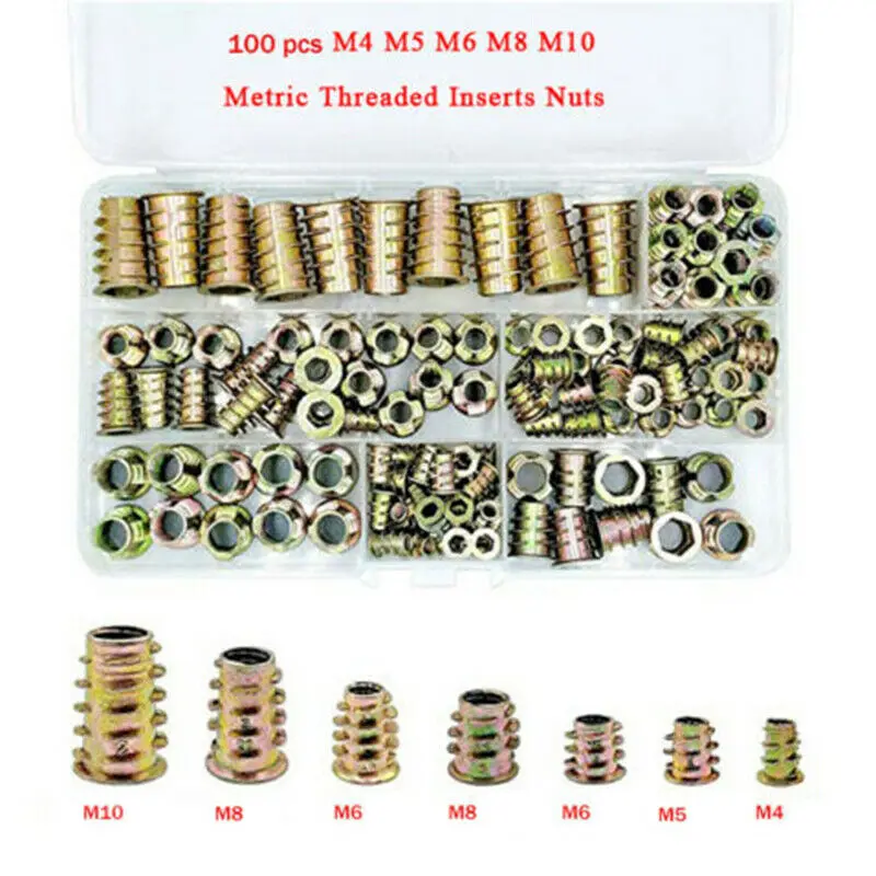

100Pcs/Box M4 M5 M6 M8 M10 Zinc Alloy Thread For Wood Insert Nut Flanged Hex Drive Head Furniture Screw Inserts Tool Kit