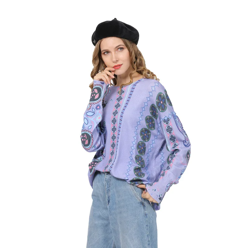 Женская вязаная одежда с принтом свитер круглым воротником и длинным рукавом