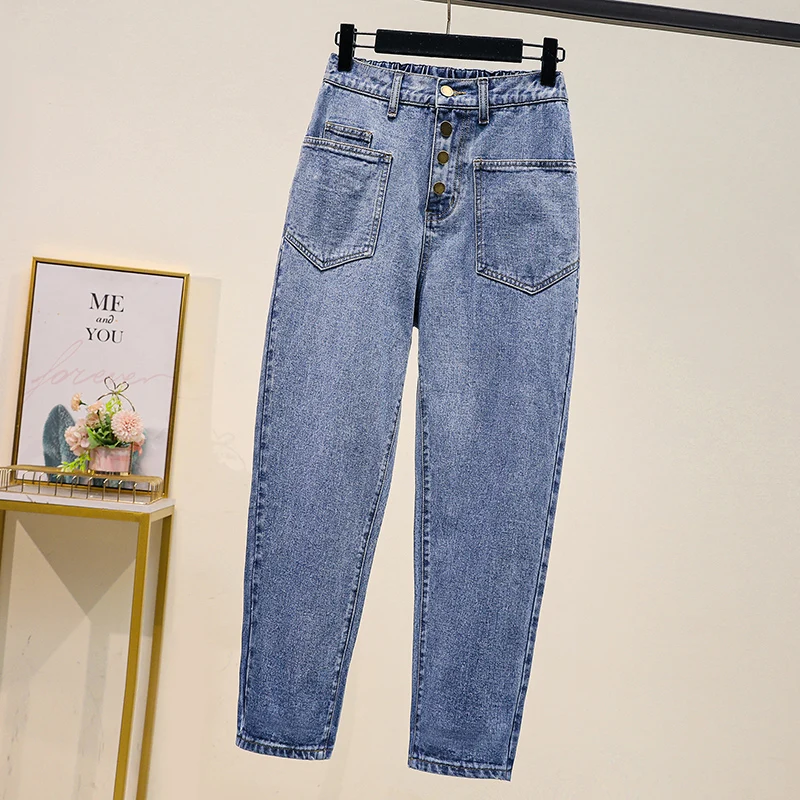 

Limiguyue Spring Korean Jeans Women High Waist Mom Jeans casual full length pocket harem denim pants y2k trousers Plus Size K394