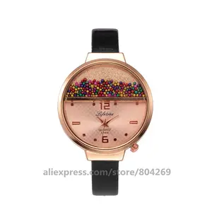 Women Fashion Leather Casual Quartz Watches Ladies Dress Colorful Beads Girl Friend Watch Rose Dial Relojes Mujer Wristwatches