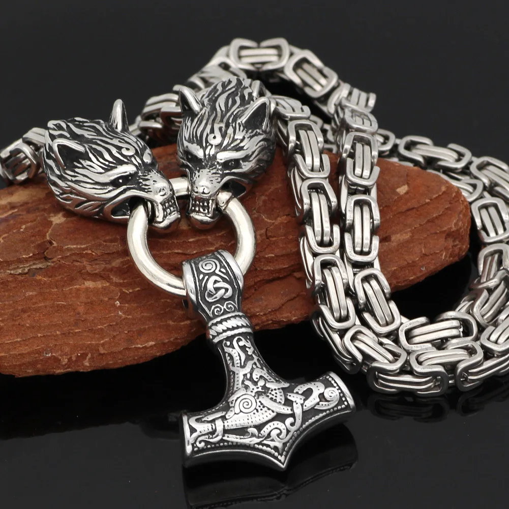 

Vintage Men Women Viking Wolf King Byzantine Chain Necklace Punk Hiphop Stainless Steel Thor's Hammer Pendant Amulet Jewelry