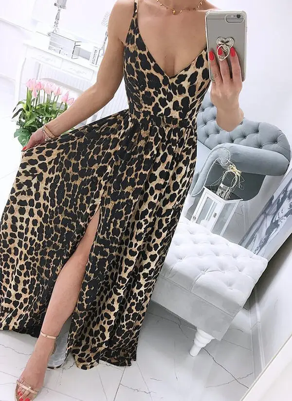 

2021 new leopard print suspender skirt sexy temperament dress mopping slit dress