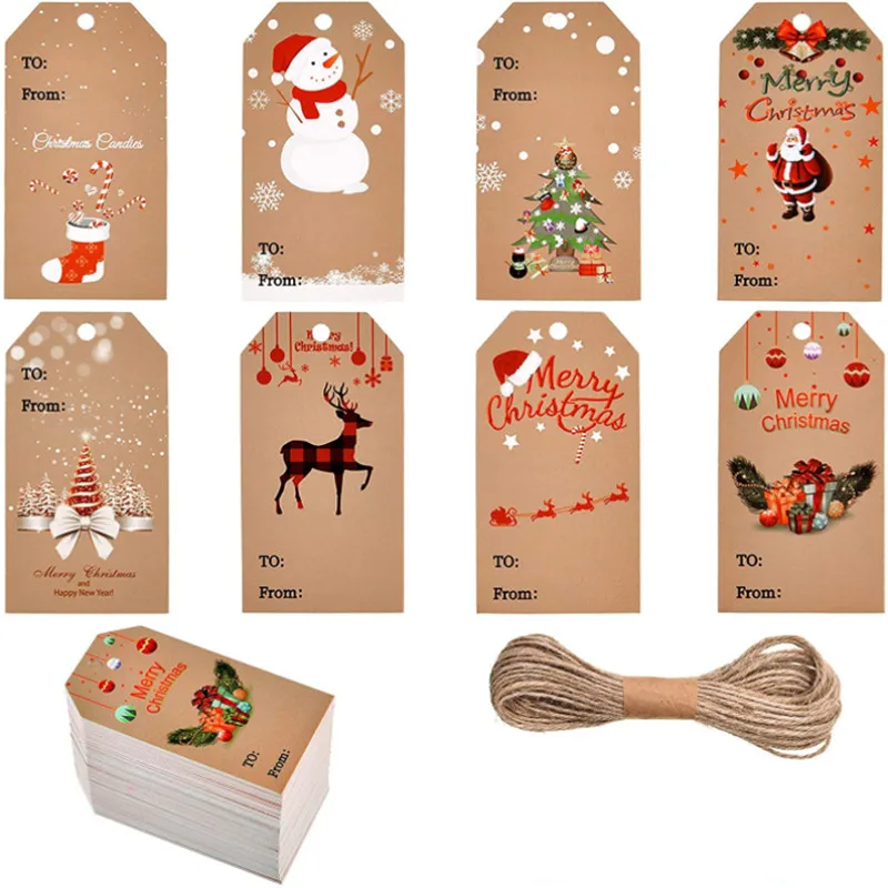 

100Pcs 5X3CM Christmas Day Kraft Paper Label DIY Handmade Tag +20M Twine Gift Wrapping Christmas Decorations