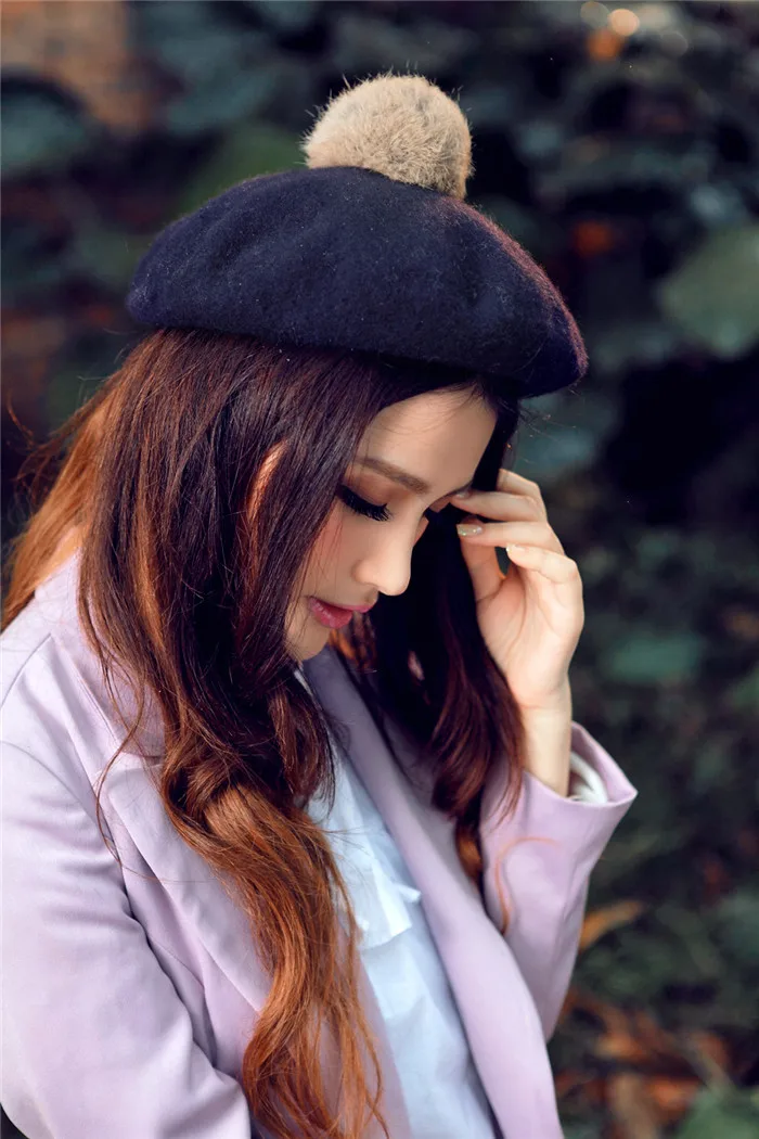 Осенние детские дамские фетровые береты из фетра с помпоном |