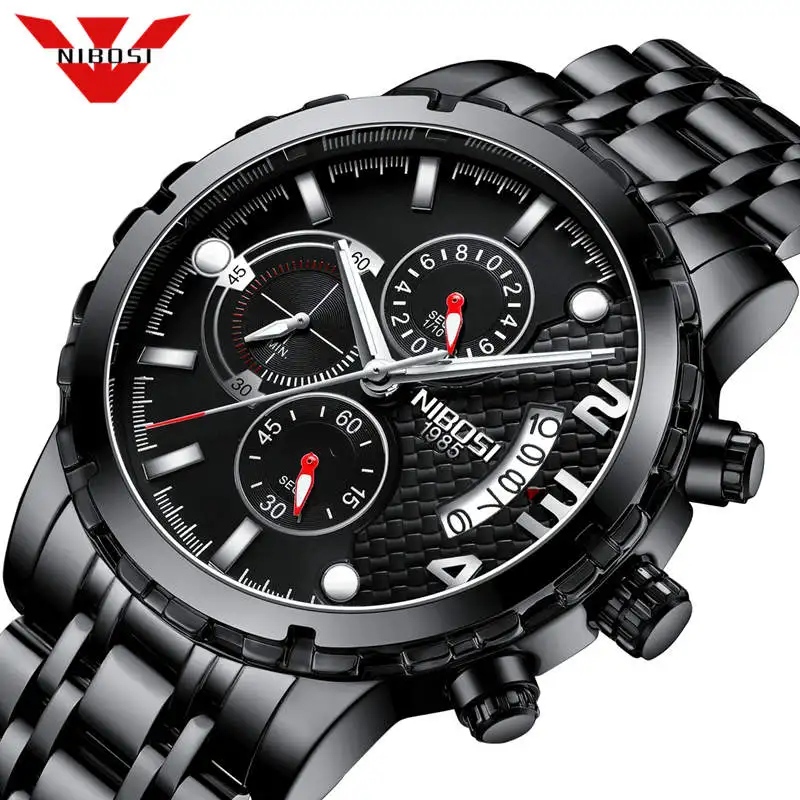 NIBOSI кварцевые часы для мужчин водонепроницаемые из нержавеющей стали с таймером