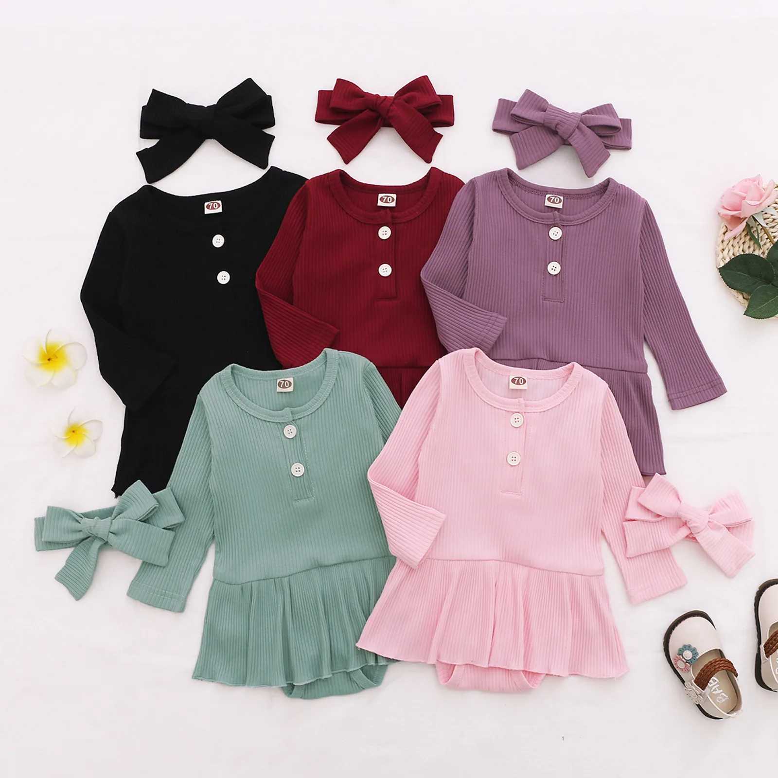 

Infant Newborn Baby Girl Solid Color Romper Dress Set, Long Sleeve Skirt Hem Triangle Crotch Knitted Dress with Bow Headband