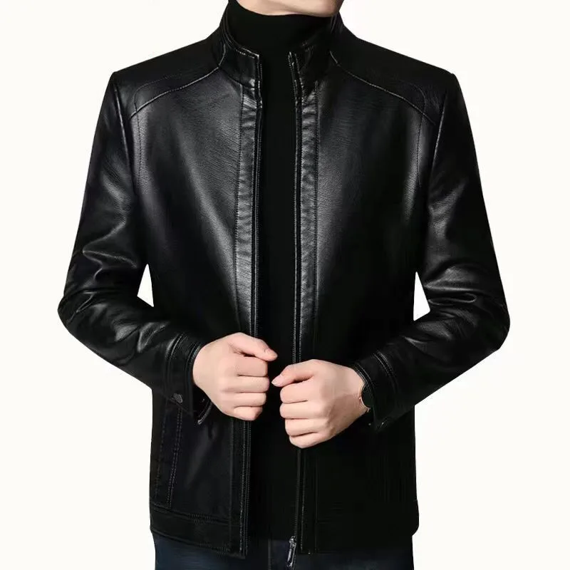 2020 New Autumn Winter Men Leather Jacket Stand Collar Plus Velvet Thick Warm Leather Jacket Men Social Mens Jackets