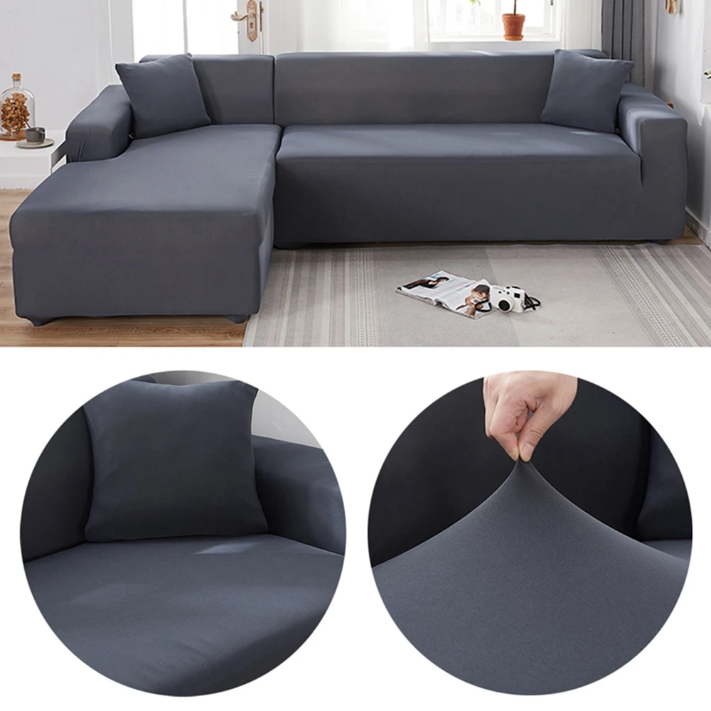 

Elastic Chair Dark Gray Solid Color Sofa Cover for Living Room Furniture Upholstery L Shape 1 2 3 Seater Couch Protecti