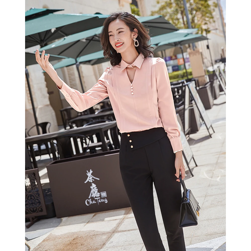

2020 New Autumn Elegant Fashion Women Blouse Long Sleeve Clothing Pink White Office Lady Shirt Feminine Tops Plus Size S-5XL