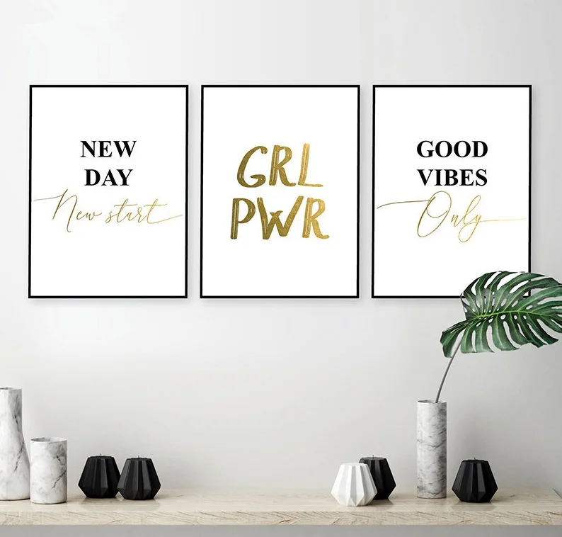 Gold Inspirational Words Wall Art Good Vibes Black White Posters and Prints Canvas Picture Decorative Painting Unframed | Дом и сад