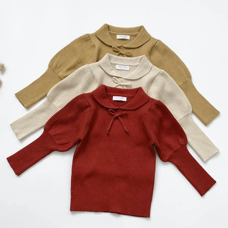 

Детский вязаный свитер с рукавами-фонариками, осенне-зимний Однотонный свитер с низом для маленьких мальчиков и девочек, вязаный пуловер, т...