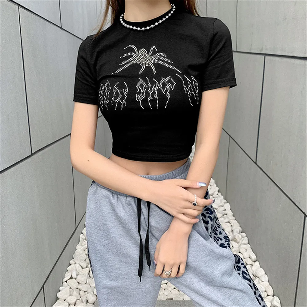 

Sexy O-neck Short Sleeve Crop Tops E-girl Aesthetics Tees 2021 Summer Vintage Y2K Rhinestone Spider Graphic Black T-shirts