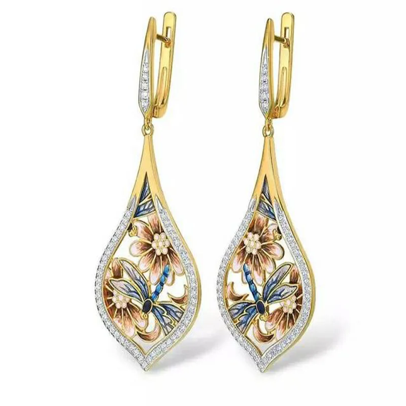 

Cloisonne drop glue bird flower earrings, drop glue Dragonfly flower painted European and American Gold full earring