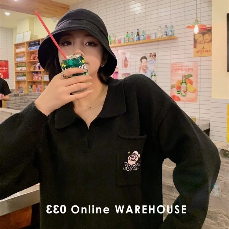 Свитер с отворотами и мультяшным принтом для женщин | Женская одежда