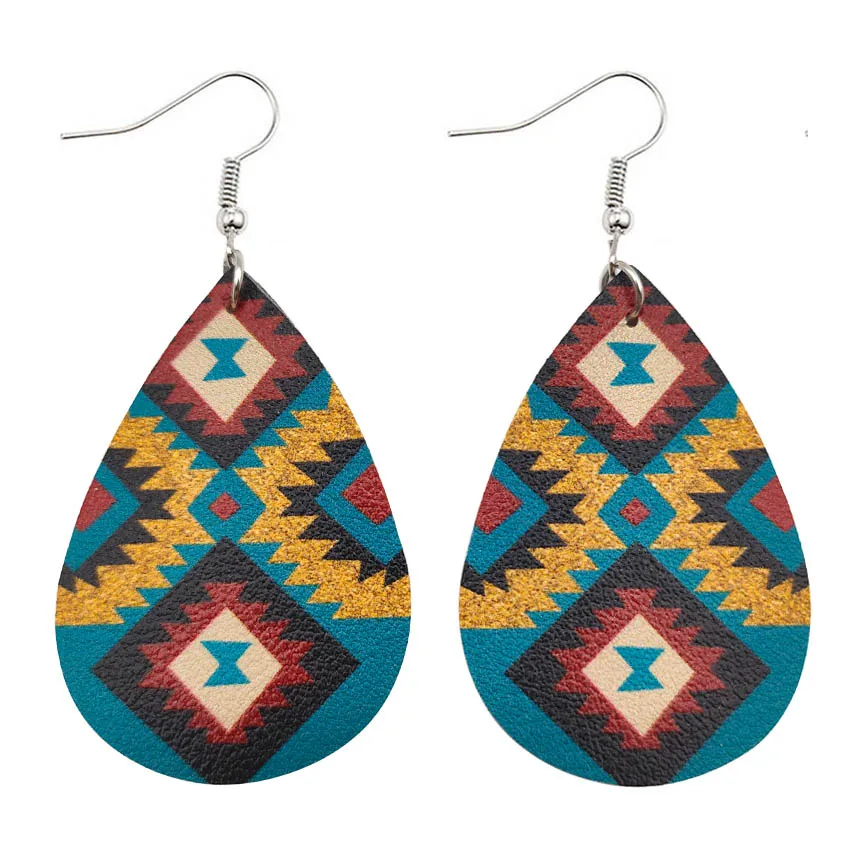 

New Geometric Zigzag Pattern UV Print PU Leather Teardrop Aztec Earrings for Women Fashion Ethnic Jewelry Bijoux Gifts Wholesale