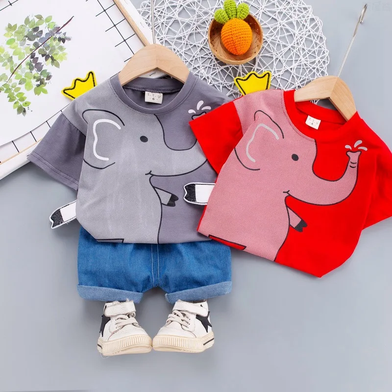 

2021 children's clothing 0-4 year old boy cartoon printed T-shirt denim two piece infant clothing 01234