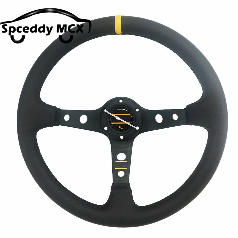 

Om- Real Leather Steering Wheel Car Sport Race Universal 14Inch 350mm Deep Dish Racing Steering Wheel Black Sewing Line P220729