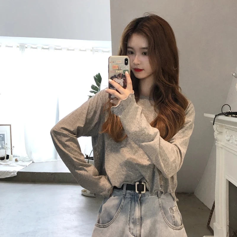 

Hong Kong Style Short High Waist Bottoming Sun Protective Blouse Internet Celebrity with High Waist Pants Thin Top Loose T-shirt