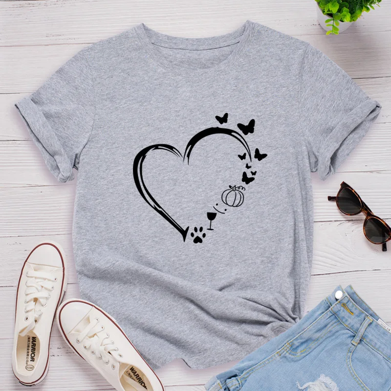 

Heart Butterflies Print Women T Shirt Short Sleeve O Neck Loose Women Tshirt Ladies Tee Shirt Tops Clothes Camisetas Mujer