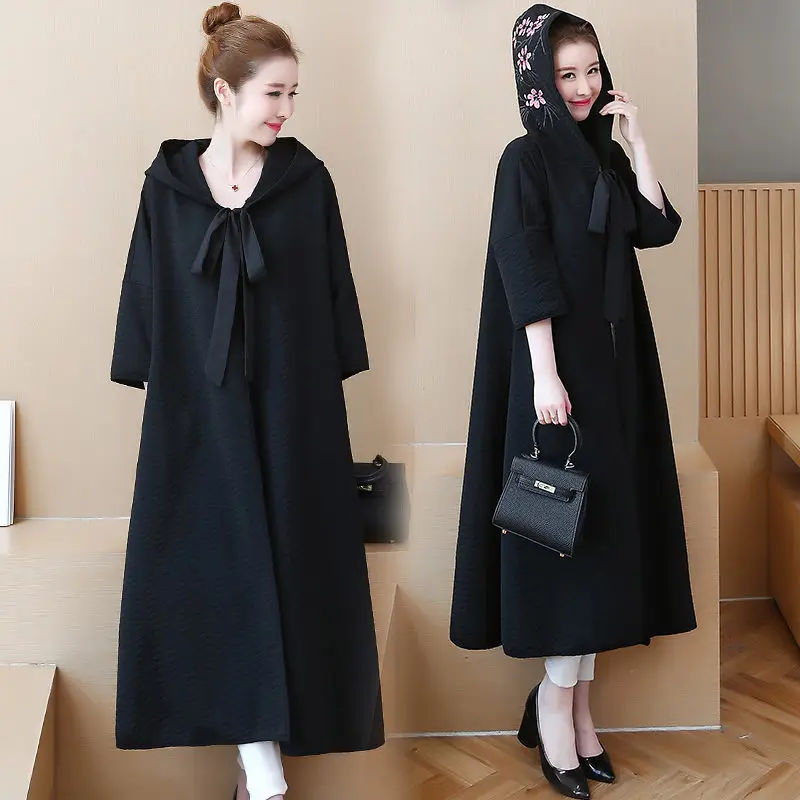 Новый Стиль плащ с капюшоном печати Кардиган большого размера женское пальто