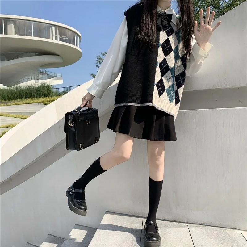 

Argyle Sweater Vest Geometric Knitting Jumper Sleeveless Pullover Preppy England Style Young Femme V-necked Top S34