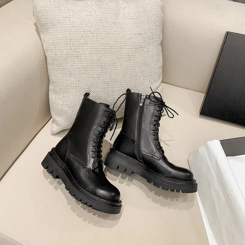 

2021 Autumn Winter Genuine Leather Ladies Boots Side Zipper Chunky Heels Women Shoes Newest Working Party Shoes Woman