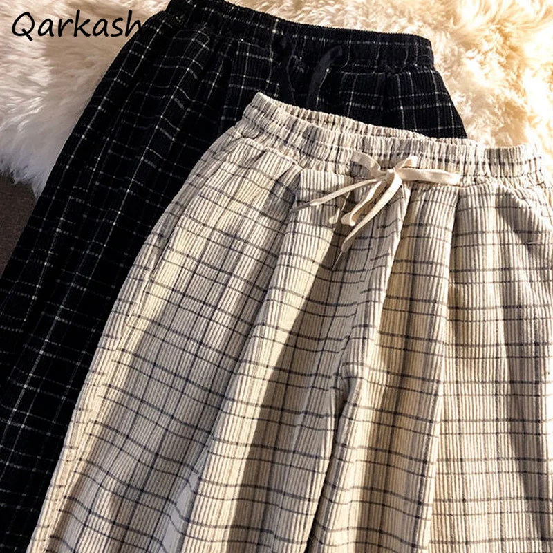 

Pants Women Autumn Thickening Simple College Daily Plaid Ladies Drawstring Ulzzang Chic Streetwear Warm Wide Leg Fashion Baggy