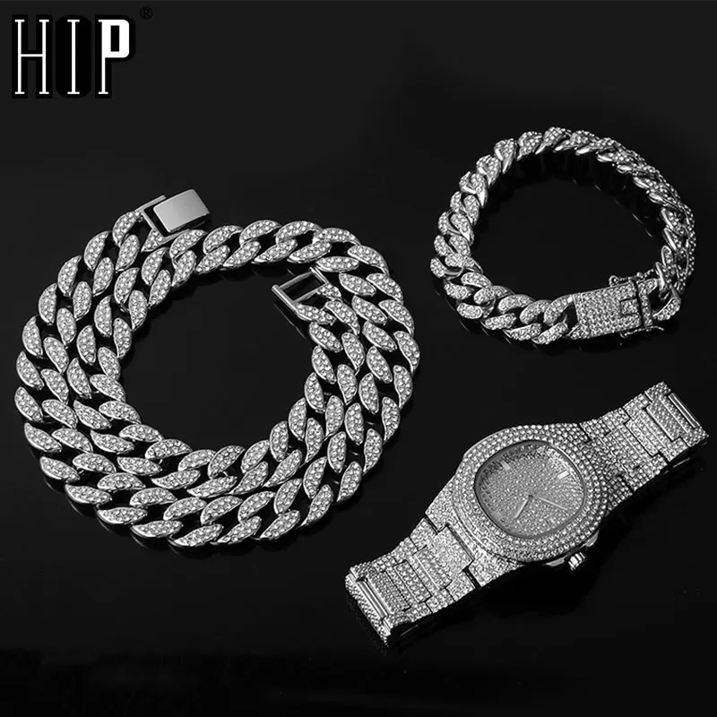 

Necklace +Watch+Bracelet Hip Hop Miami Curb Cuban Chain Gold Iced Out Paved Rhinestones CZ Bling Rapper For Men Jewelry