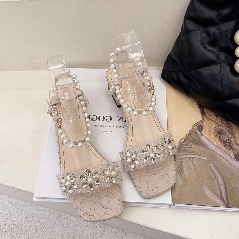 

Comfort Shoes for Women Med Pearl Sandals Suit Female Beige 2021 Summer Clear Heels Buckle Strap Medium Black New Girls