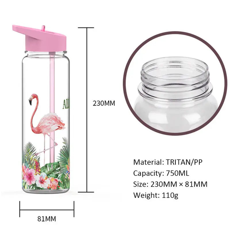 750 мл Спортивная уличная бутылка для воды соломинка модный принт Фламинго ручка