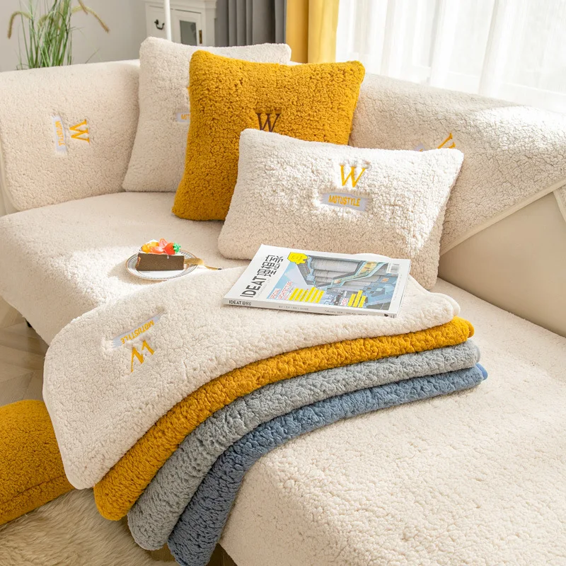 

Louis Fashion Winter Cashmere Sofa Cushion Thickened Plush Cushion Non Slip Leather Cover High-grade Nordic Simple Winter Style